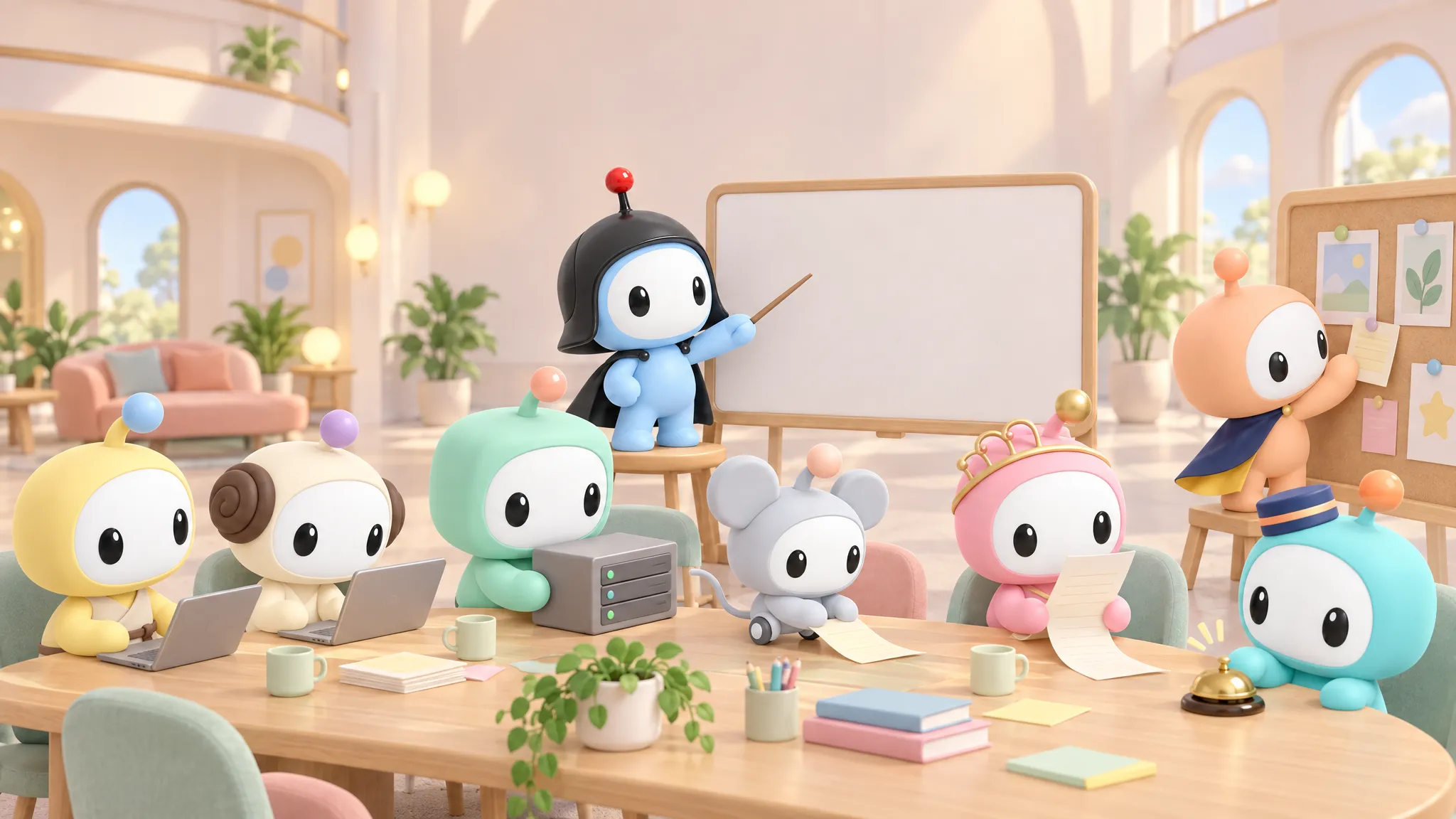 All eight agents around one long table: Leia and Luke at laptops, Gonk setting down a server, Mouse rolling a note, Padmé reading, Lando pinning a picture, poco ringing the bell and Vader on a chair pointing at the whiteboard