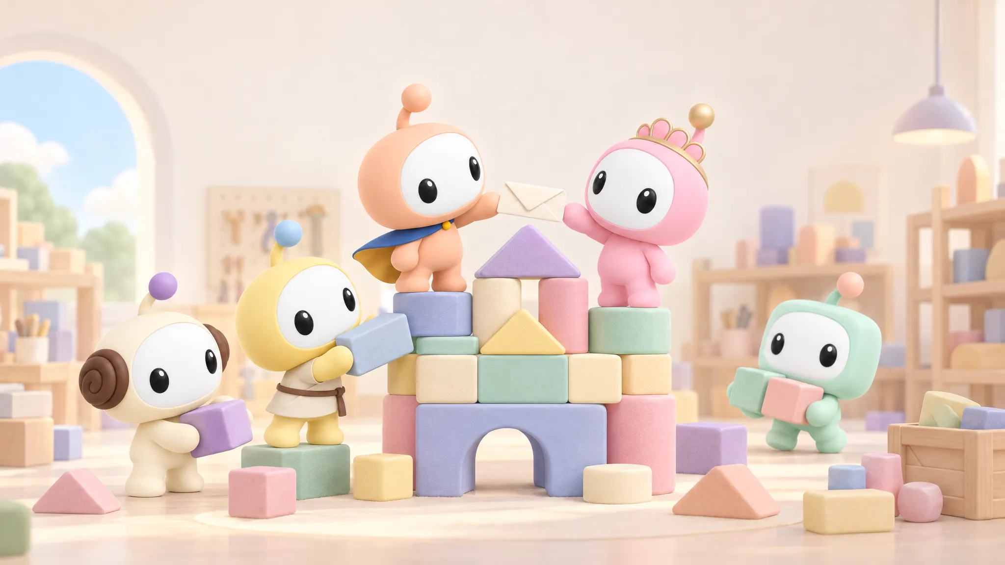Two teams of agents build one tower of blocks from opposite sides, Lando and Padmé passing a note across the top so their blocks fit